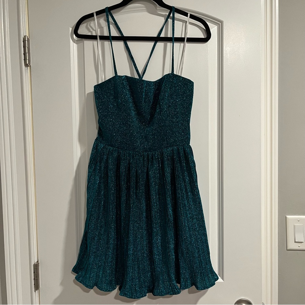 Party Era Teal Blue Sparkly Lace-Up Pleated Skater Dress